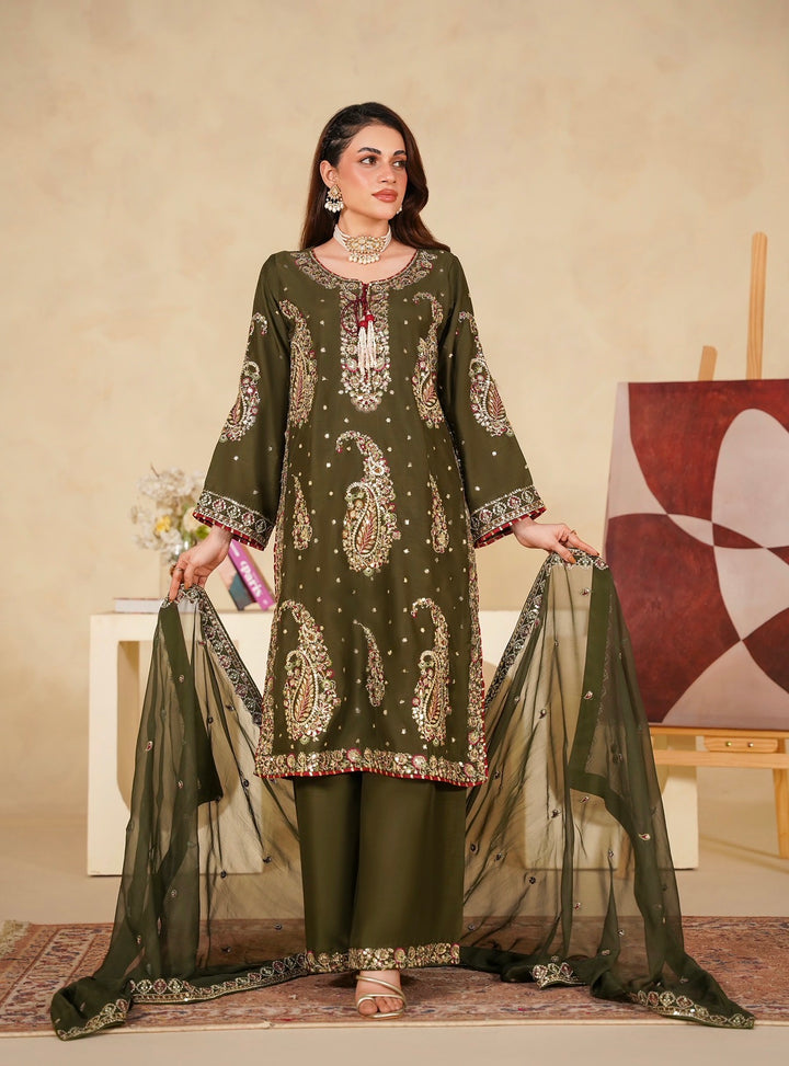 331D - Green Viscose Embroidered Pakistani Suit with Chiffon Dupatta