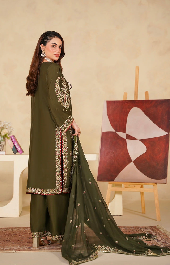 331D - Green Viscose Embroidered Pakistani Suit with Chiffon Dupatta