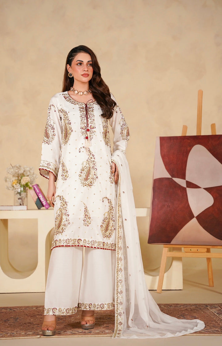 331C - White Viscose Embroidered Pakistani Suit with Chiffon Dupatta