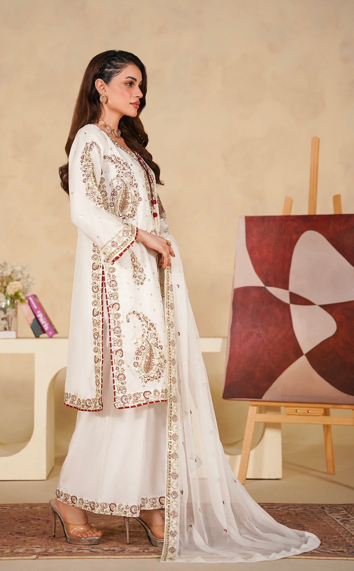 331C - White Viscose Embroidered Pakistani Suit with Chiffon Dupatta