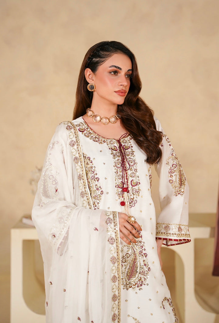 331C - White Viscose Embroidered Pakistani Suit with Chiffon Dupatta