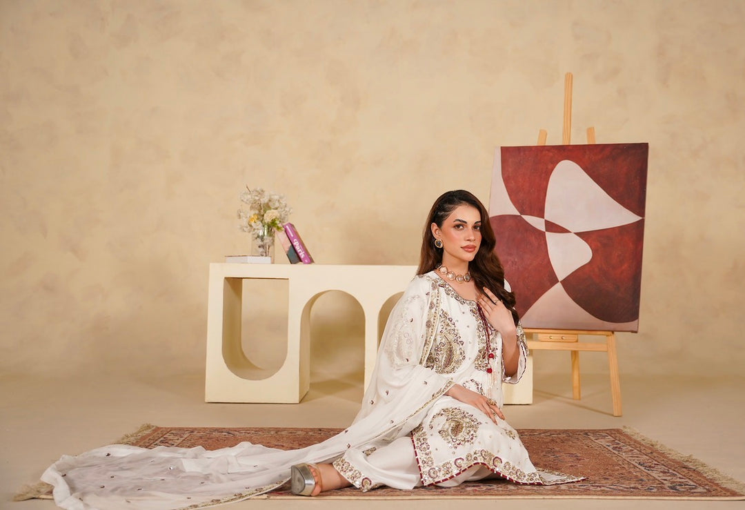 331C - White Viscose Embroidered Pakistani Suit with Chiffon Dupatta