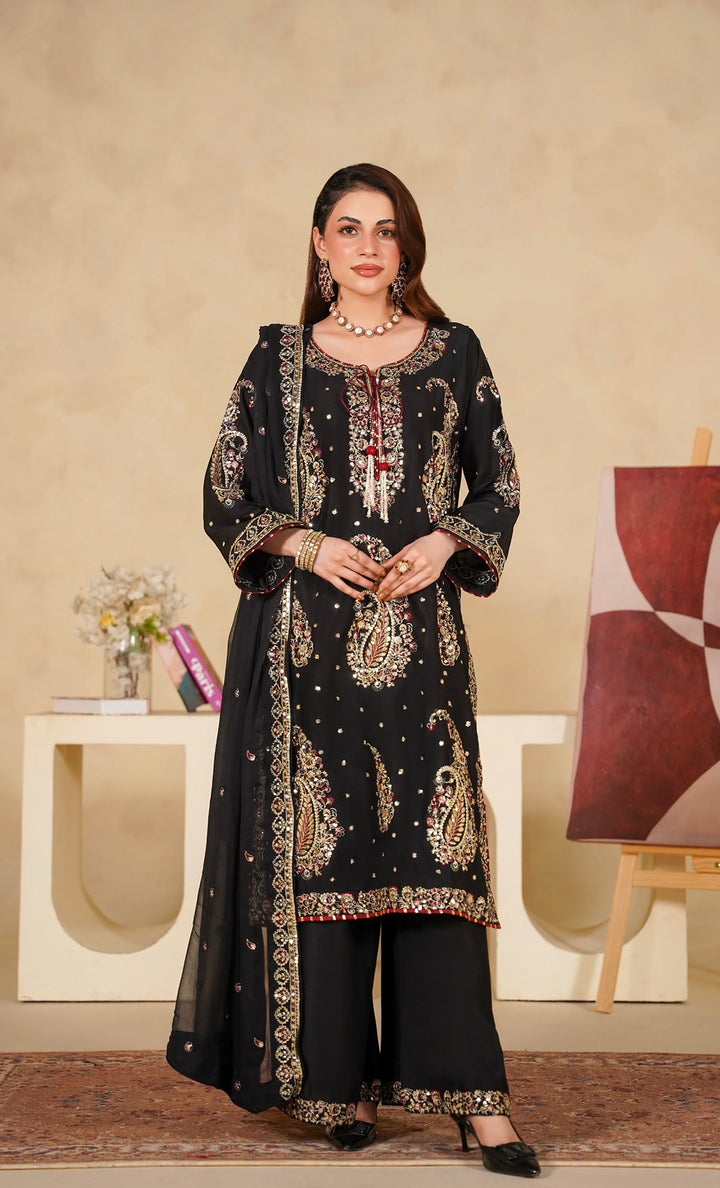 331A - Black Viscose Embroidered Pakistani Suit with Chiffon Dupatta