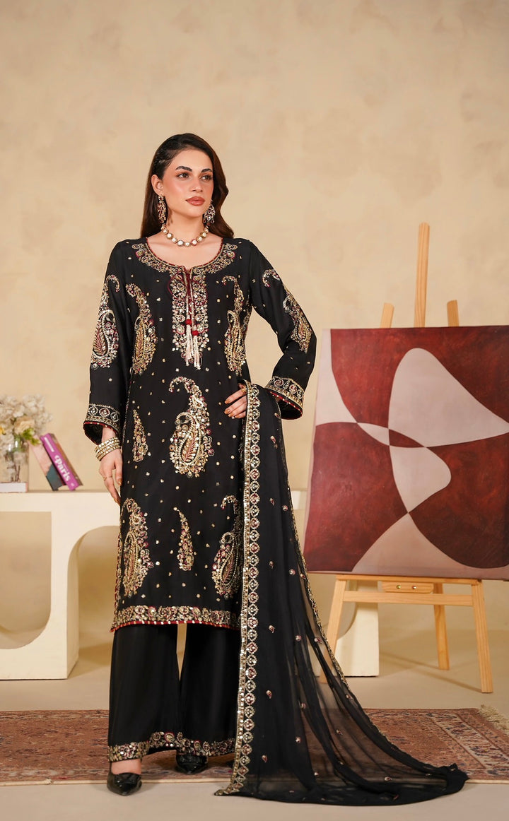 331A - Black Viscose Embroidered Pakistani Suit with Chiffon Dupatta