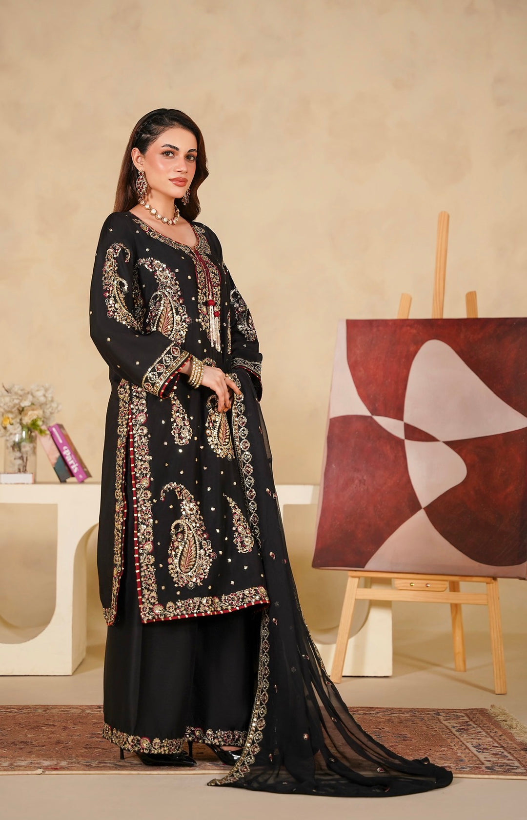 331A - Black Viscose Embroidered Pakistani Suit with Chiffon Dupatta