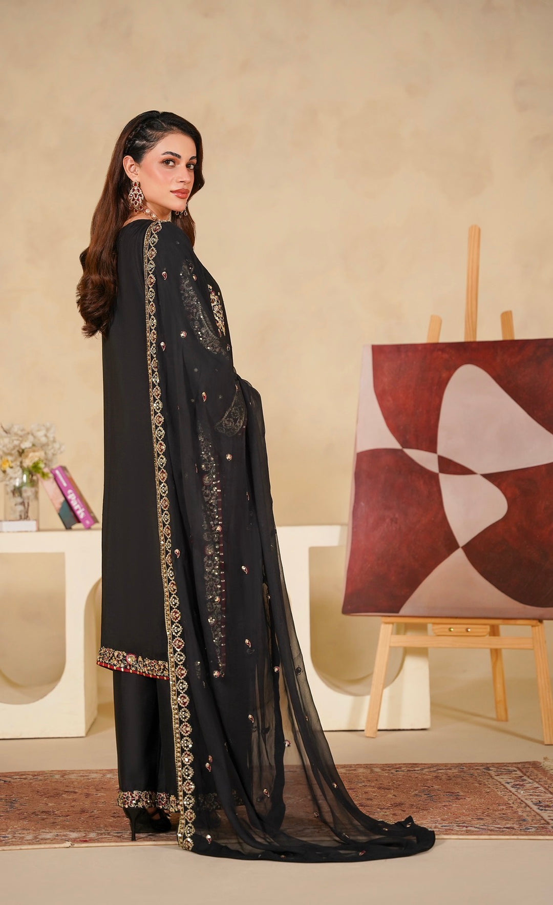 331A - Black Viscose Embroidered Pakistani Suit with Chiffon Dupatta