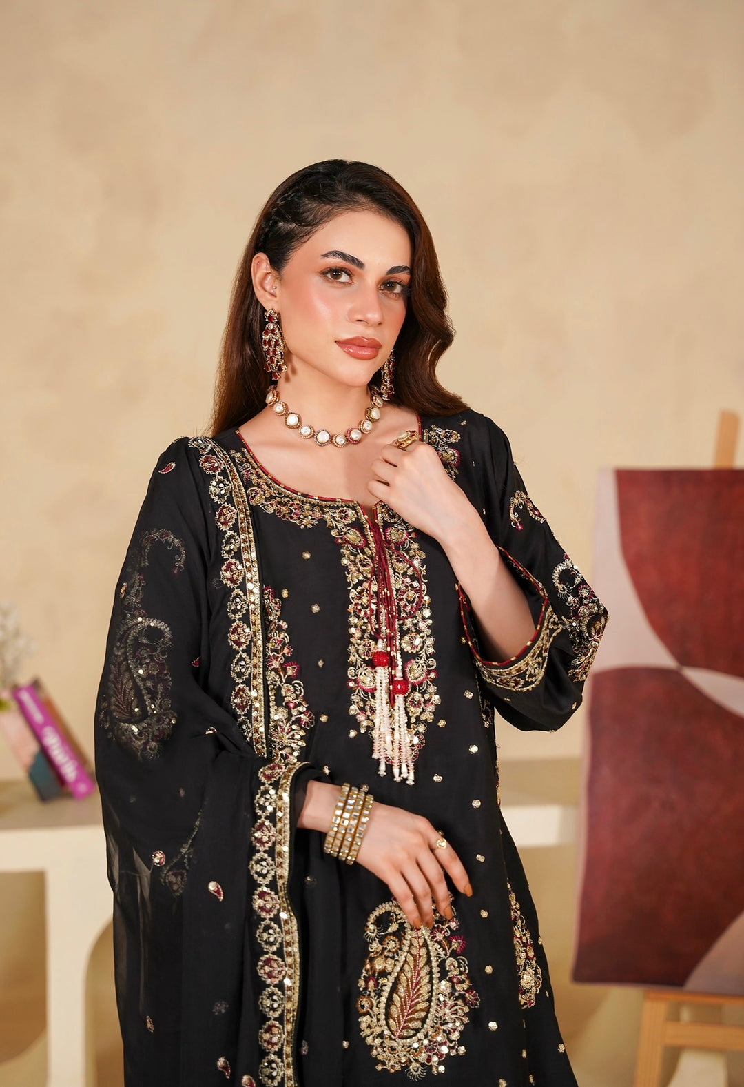 331A - Black Viscose Embroidered Pakistani Suit with Chiffon Dupatta