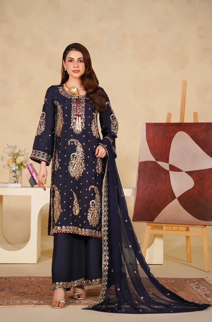 331B - Navy Blue Viscose Embroidered Pakistani Suit with Chiffon Dupatta
