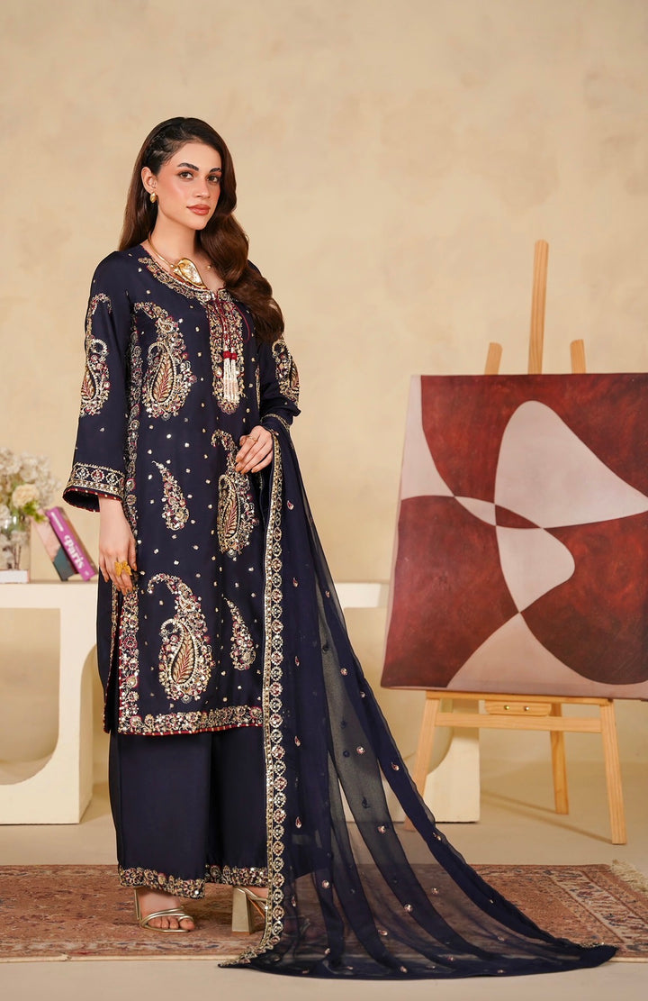 331B - Navy Blue Viscose Embroidered Pakistani Suit with Chiffon Dupatta