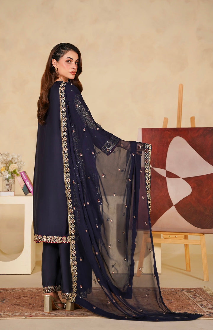 331B - Navy Blue Viscose Embroidered Pakistani Suit with Chiffon Dupatta