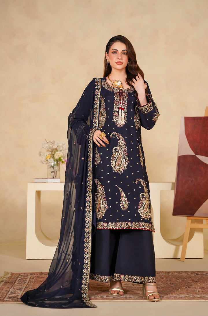 331B - Navy Blue Viscose Embroidered Pakistani Suit with Chiffon Dupatta