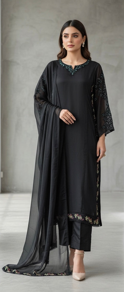 1123D - Black Embroidered Viscose Pakistani Suit with Chiffon Dupatta