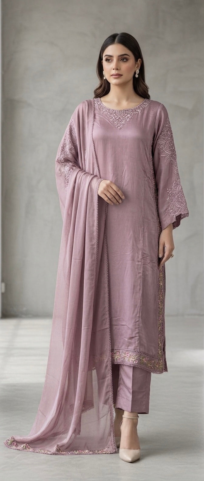 1123C - Pink Embroidered Viscose Pakistani Suit with Chiffon Dupatta
