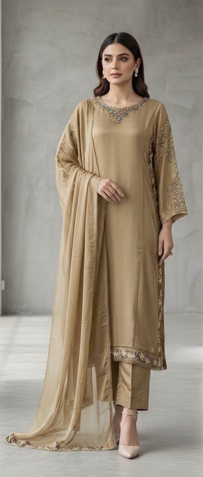 1123B - Beige Embroidered Viscose Pakistani Suit with Chiffon Dupatta