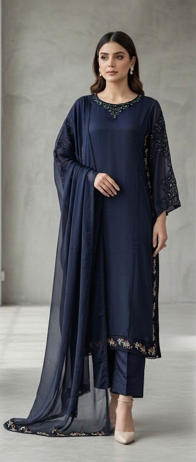 1123A - Navy Blue Embroidered Viscose Pakistani Suit with Chiffon Dupatta