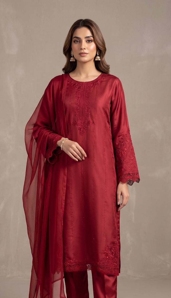 1125A - Red Embroidered Viscose Pakistani Suit with Chiffon Dupatta