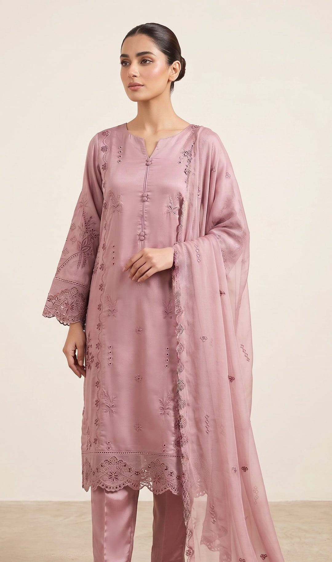 1126A - Lilac Embroidered Viscose Pakistani Suit with Chiffon Dupatta