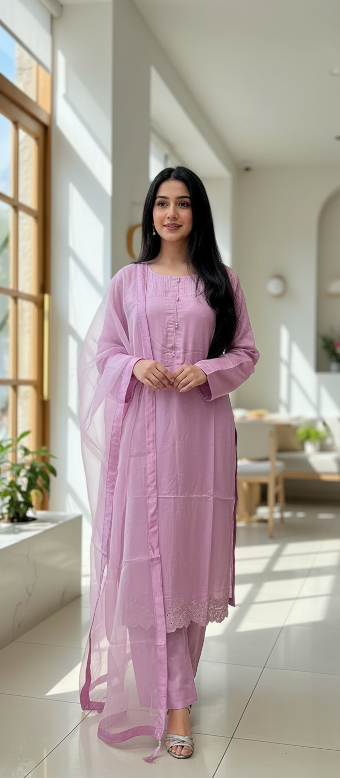 OLN4 - PINK LINEN EMBROIDERED 3 PIECE SUIT