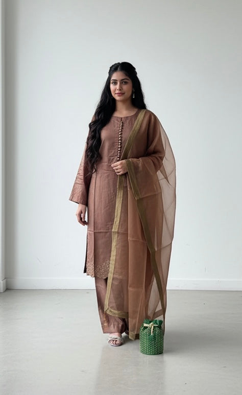 OLN1 - BROWN LINEN EMBROIDERED 3 PIECE SUIT