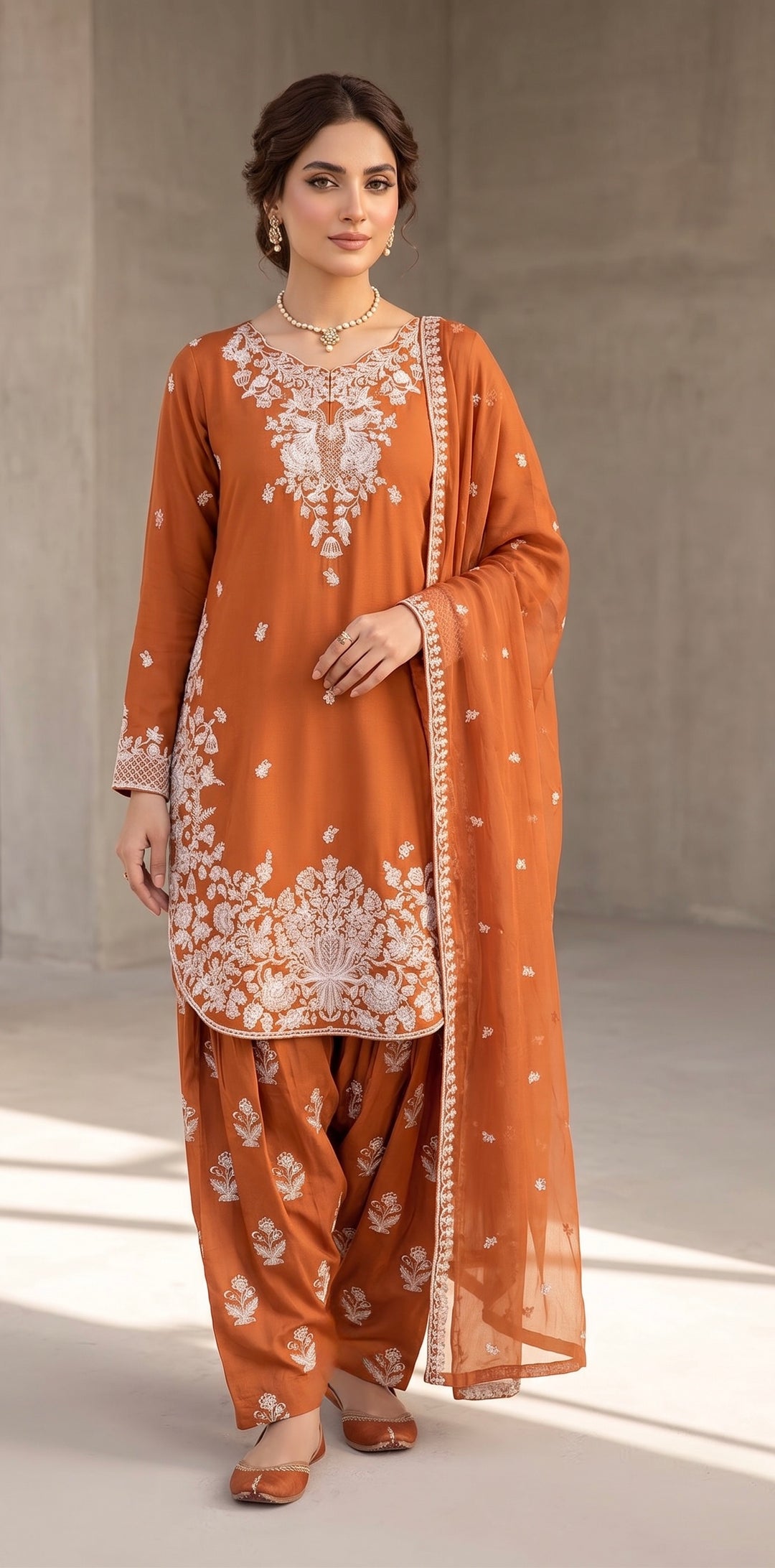 1128A - Burnt Orange Viscose Shirt with Farshi Shalwar & Chiffon Dupatta