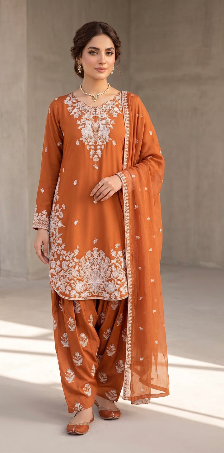 1128A - Burnt Orange Viscose Shirt with Farshi Shalwar & Chiffon Dupatta