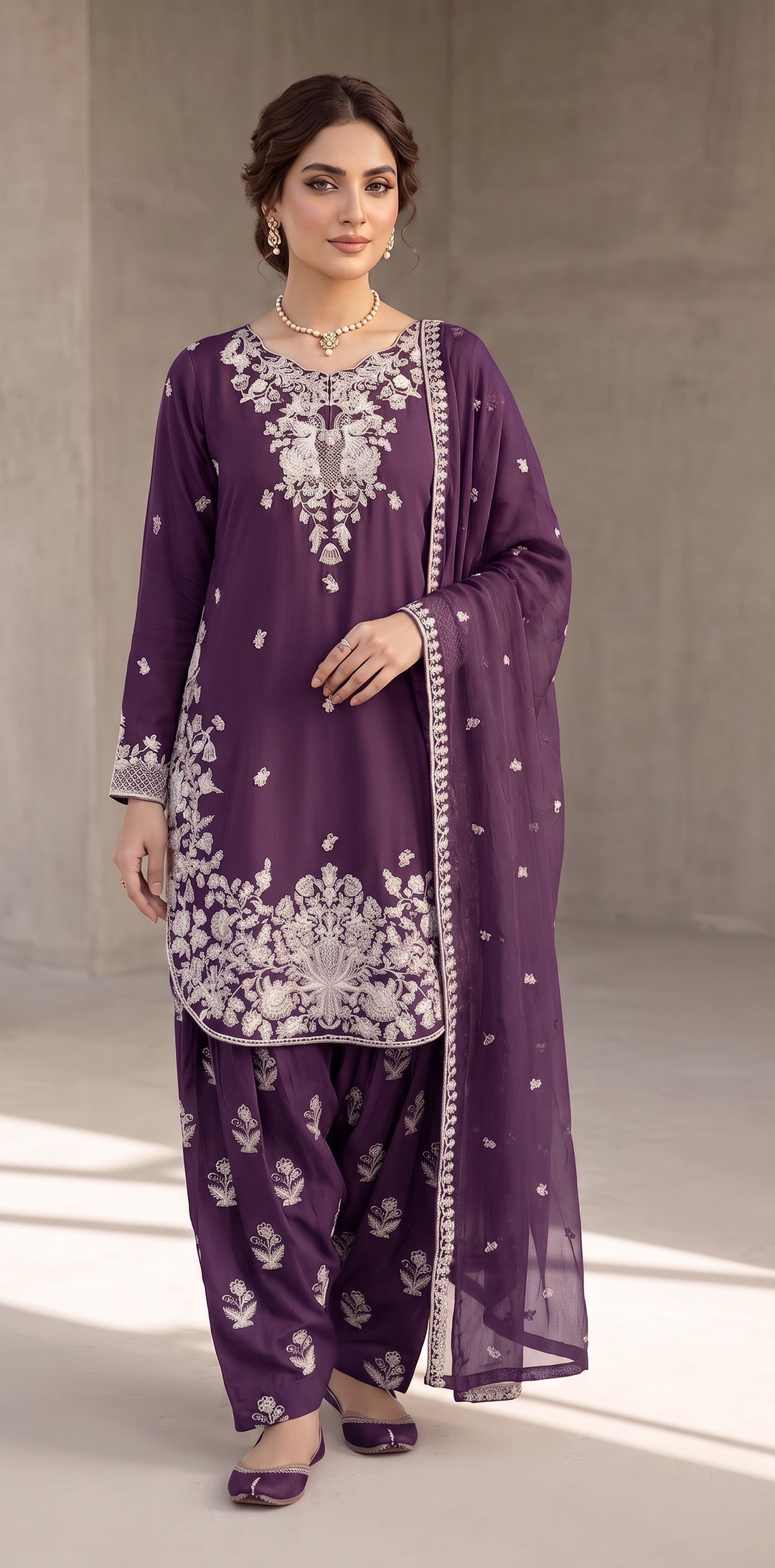 1128B - Purple Viscose Shirt with Farshi Shalwar & Chiffon Dupatta
