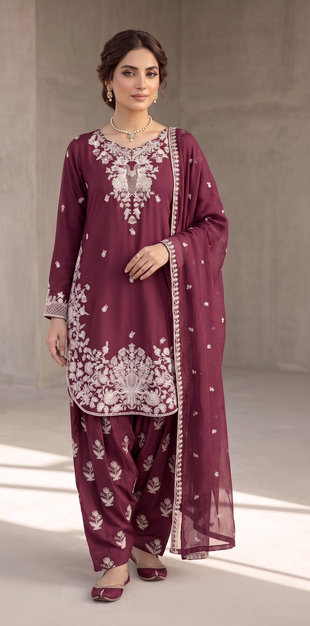 1128C - Plum Viscose Shirt with Farshi Shalwar & Chiffon Dupatta