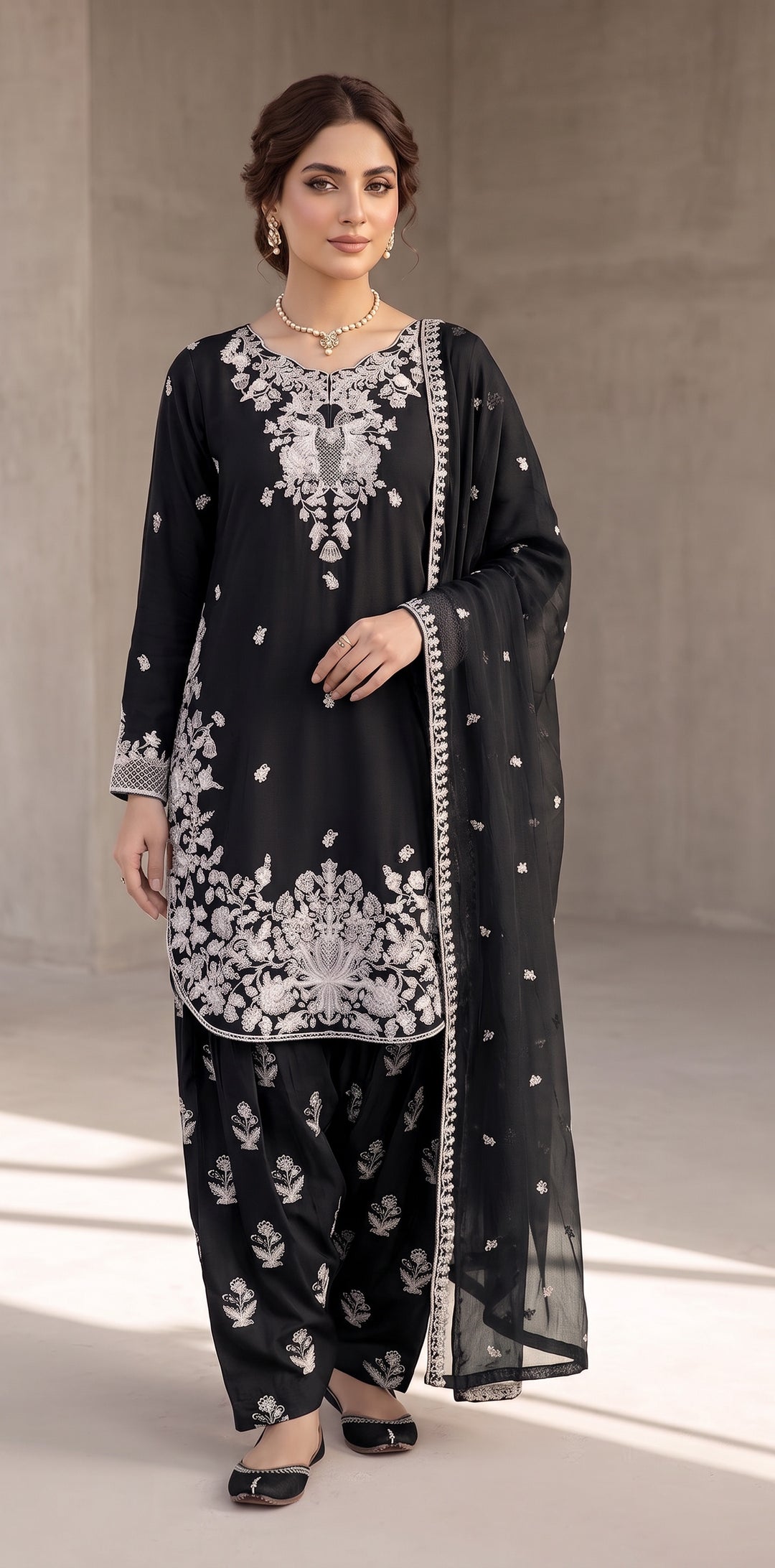 1128D - Black Viscose Shirt with Farshi Shalwar & Chiffon Dupatta