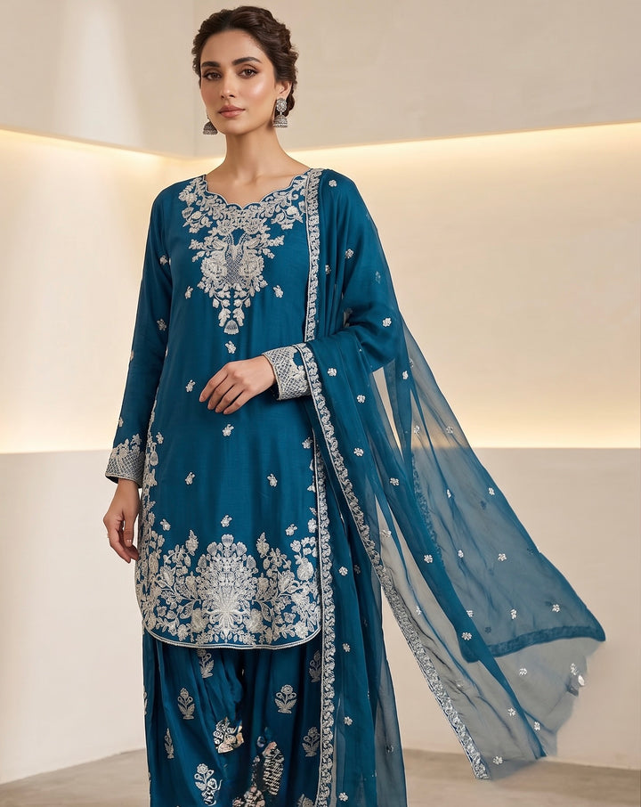 1128E - Blue Viscose Shirt with Farshi Shalwar & Chiffon