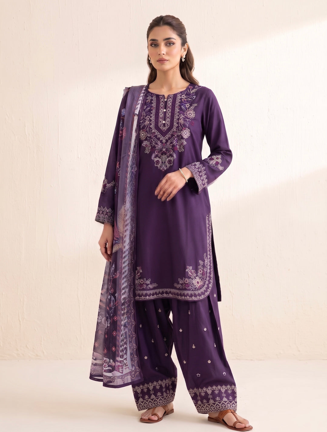 1129B - Purple Viscose Shirt with Farshi Shalwar & Chiffon