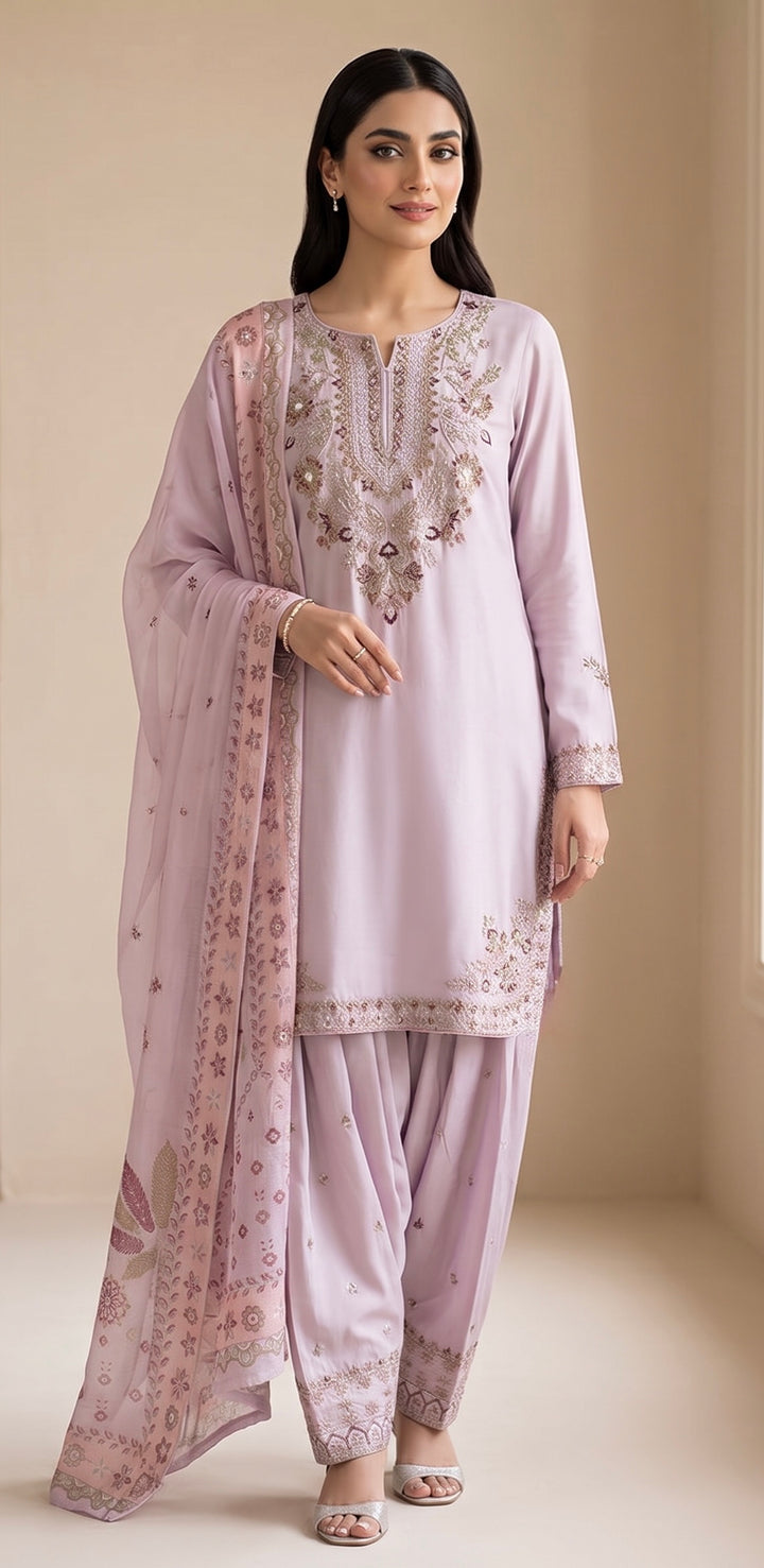 1129D - Lilac Viscose Shirt with Farshi Shalwar & Chiffon - East meets west clothing 