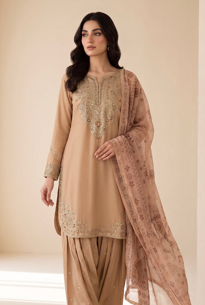 1129C - Beige Viscose Shirt with Farshi Shalwar & Chiffon - East meets west clothing 