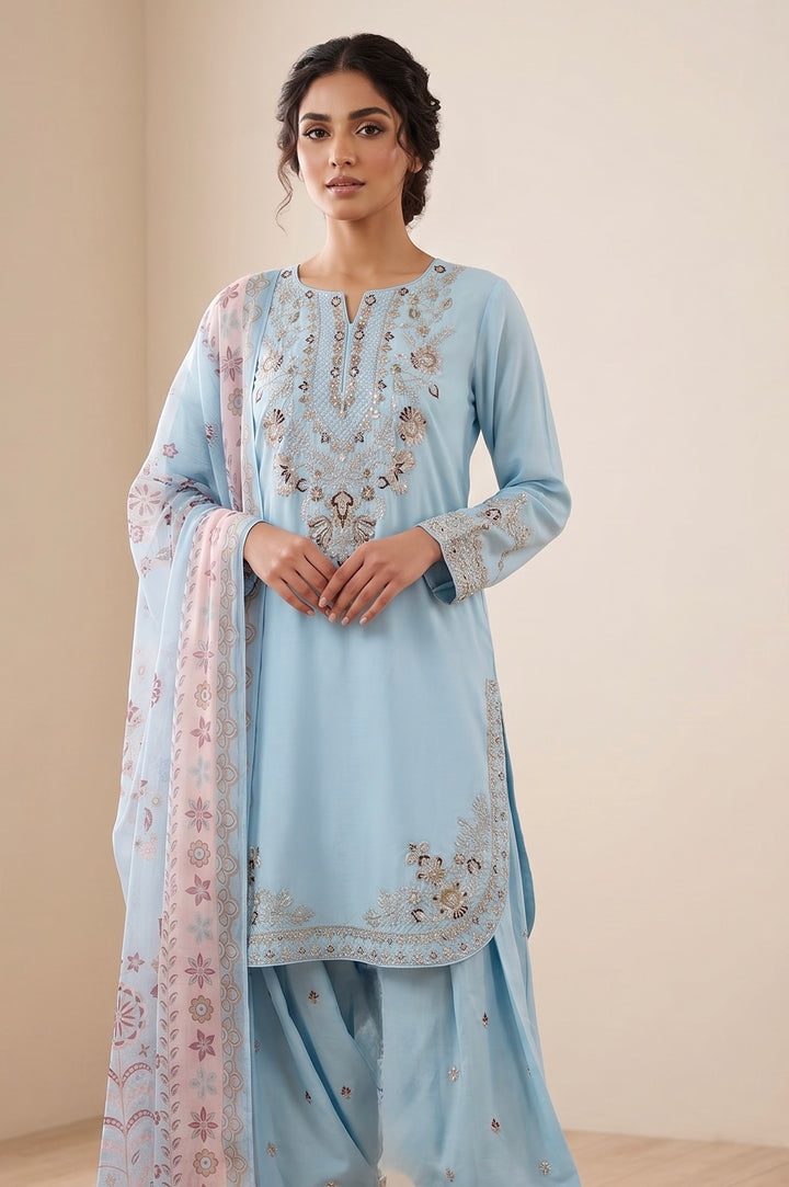 1129E - Light Blue Viscose Shirt with Farshi Shalwar & Chiffon - East meets west clothing 
