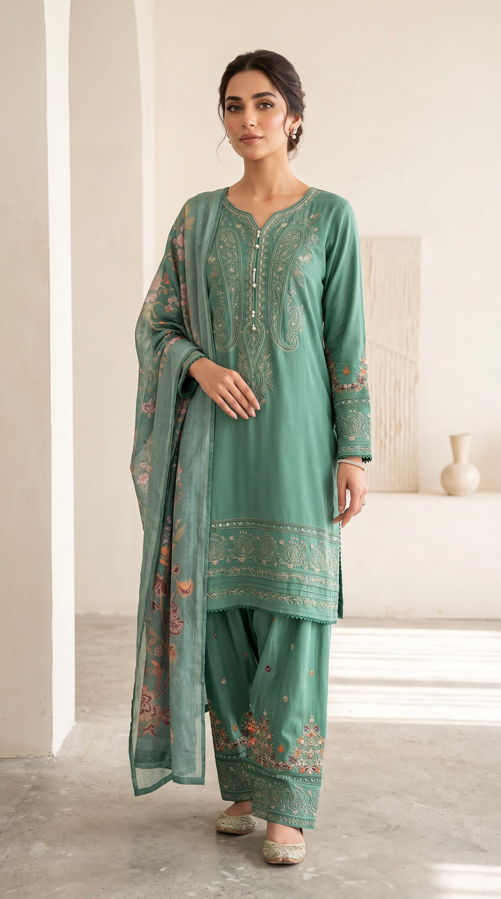 1130B - Sage Green Viscose Shirt with Farshi Shalwar & Chiffon (Copy) - East meets west clothing 