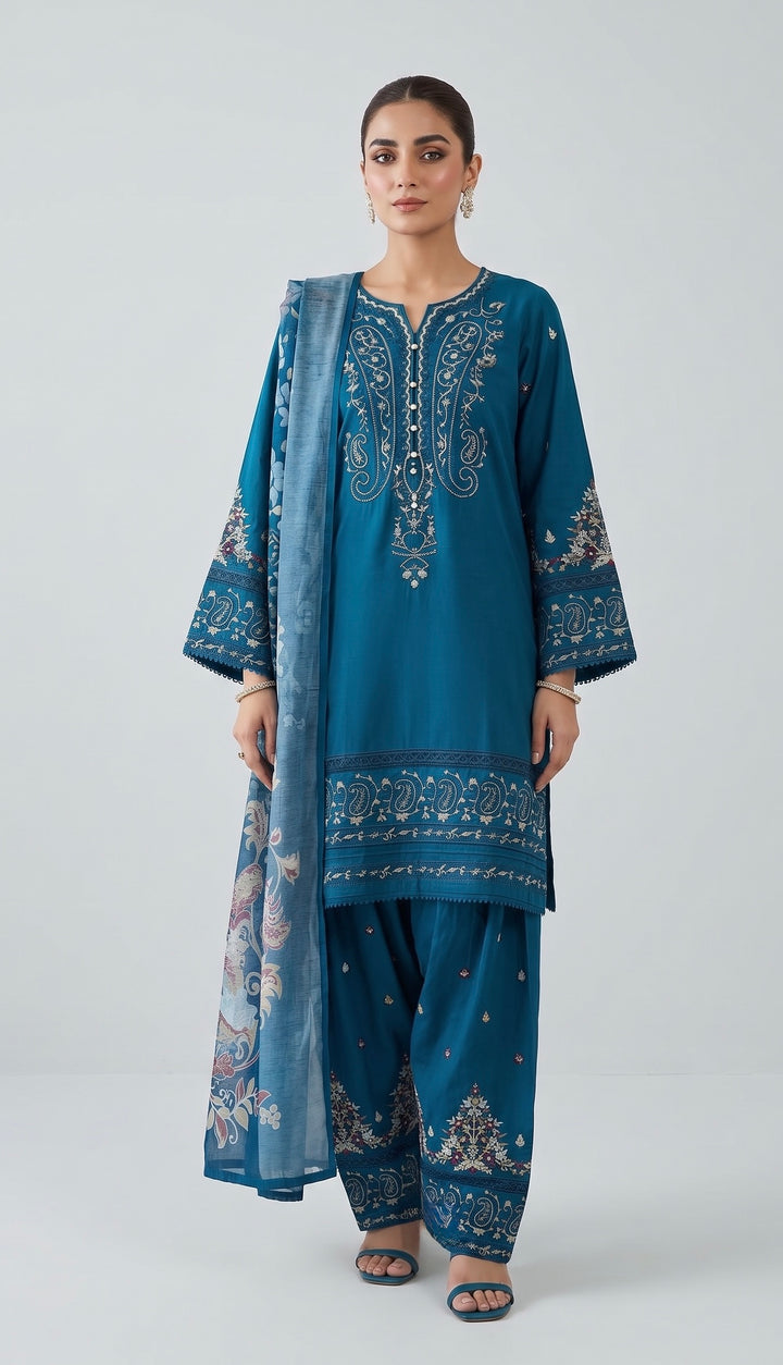 1130B - Teal Blue Viscose Shirt with Farshi Shalwar & Chiffon