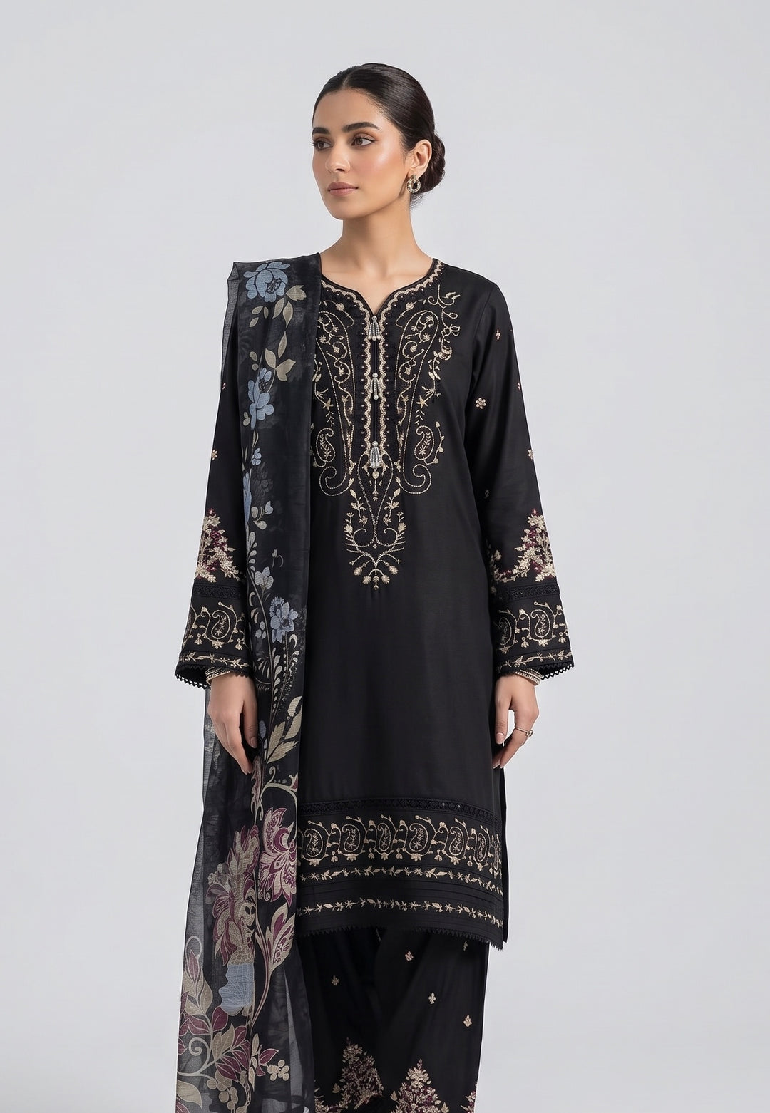 1130D - Black Viscose Shirt with Farshi Shalwar & Chiffon
