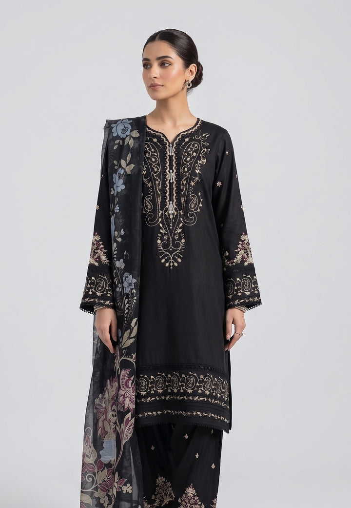 1130D - Black Viscose Shirt with Farshi Shalwar & Chiffon