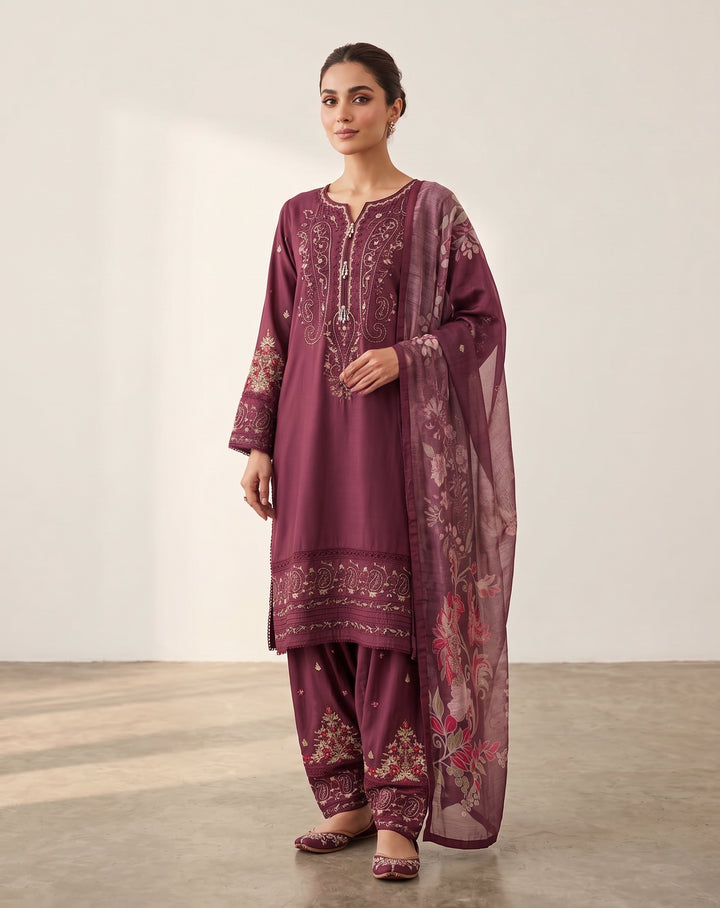 1130E - Plum Viscose Shirt with Farshi Shalwar & Chiffon