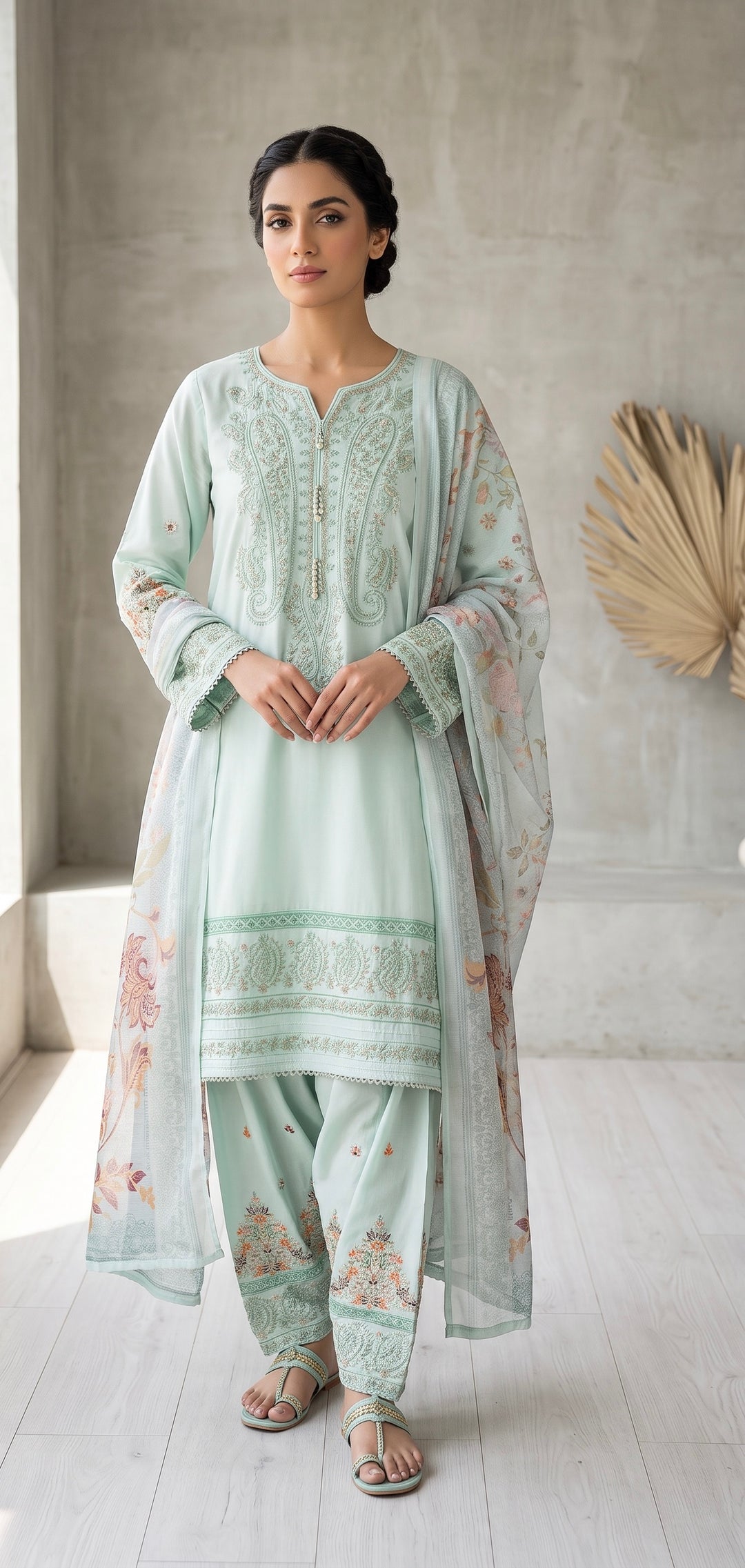 1130C - Mint Green Viscose Shirt with Farshi Shalwar & Chiffon - East meets west clothing 