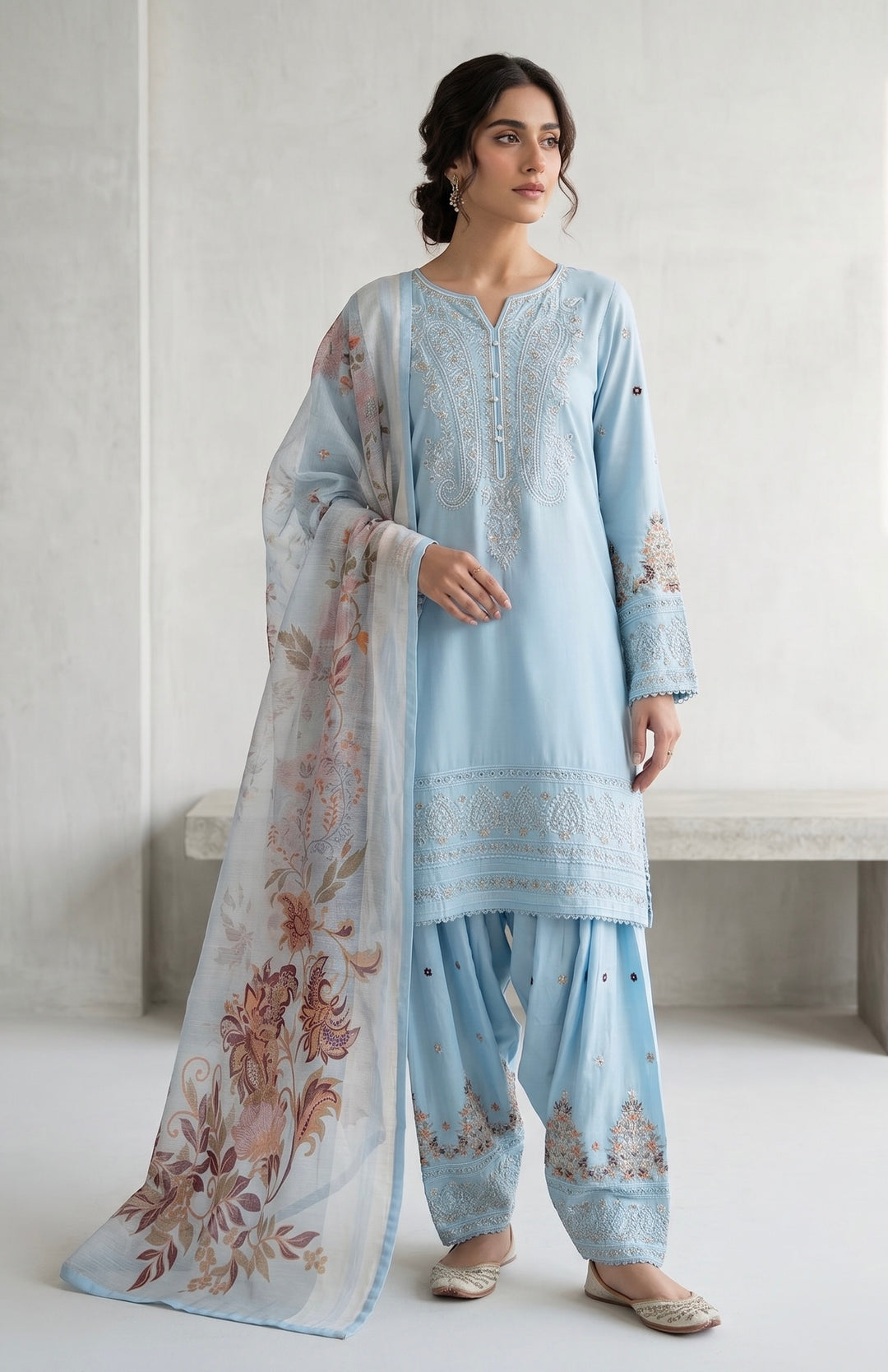 1130G - Light Blue Viscose Shirt with Farshi Shalwar & Chiffon - East meets west clothing 