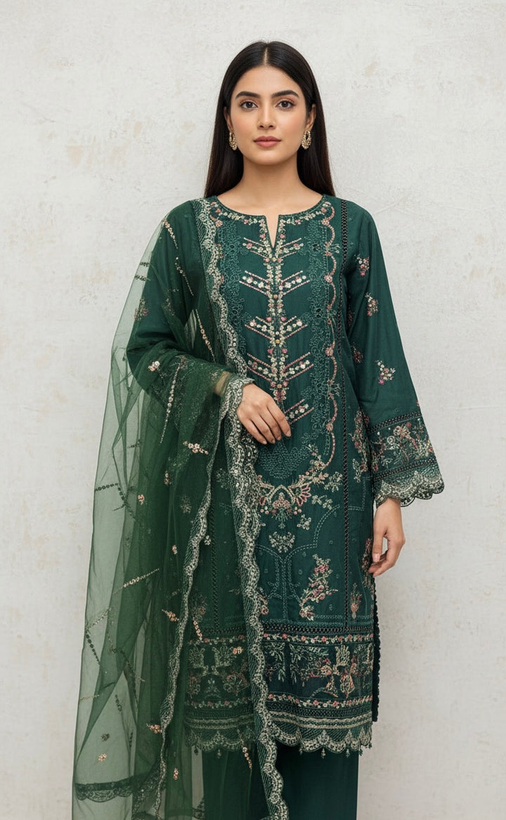 77C - Maria b inspired Green Embroidered Cotton suit