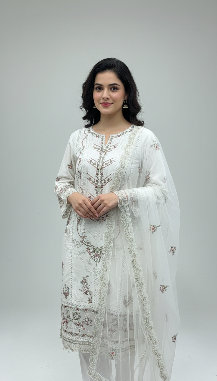 77D - Maria b inspired off-white Embroidered Cotton suit