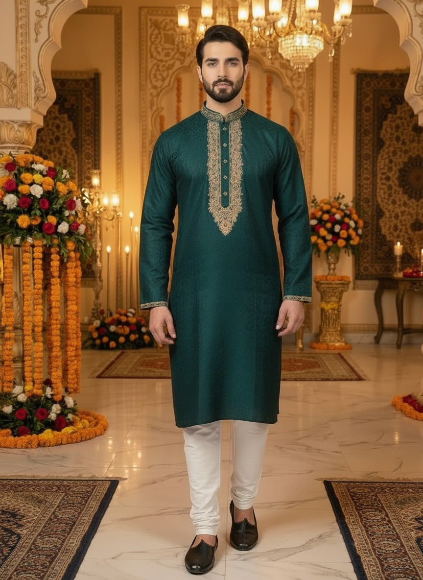 CM361C - MEN’S TEAL GREEN HAND EMBROIDERED SET - East meets west clothing 