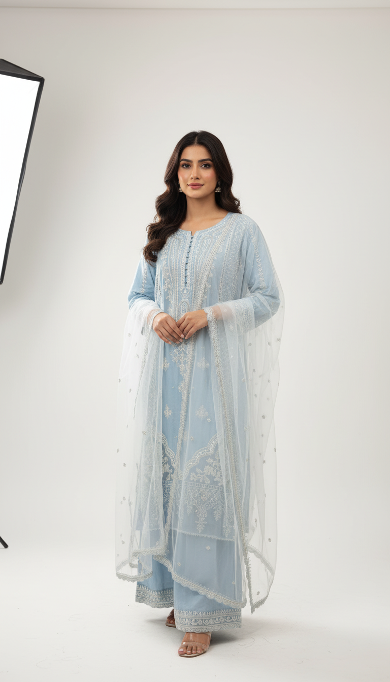 1151b - Light Blue Embroidered Linen 3 Piece suit