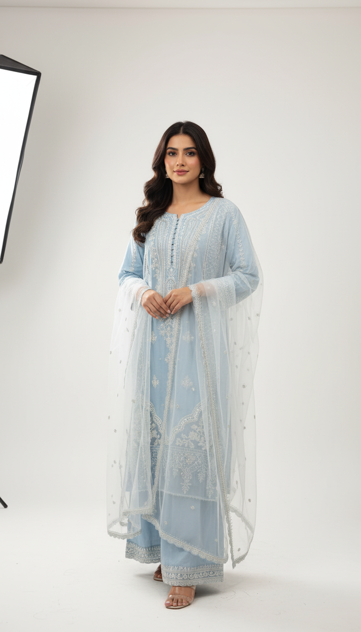 1151b - Light Blue Embroidered Linen 3 Piece suit