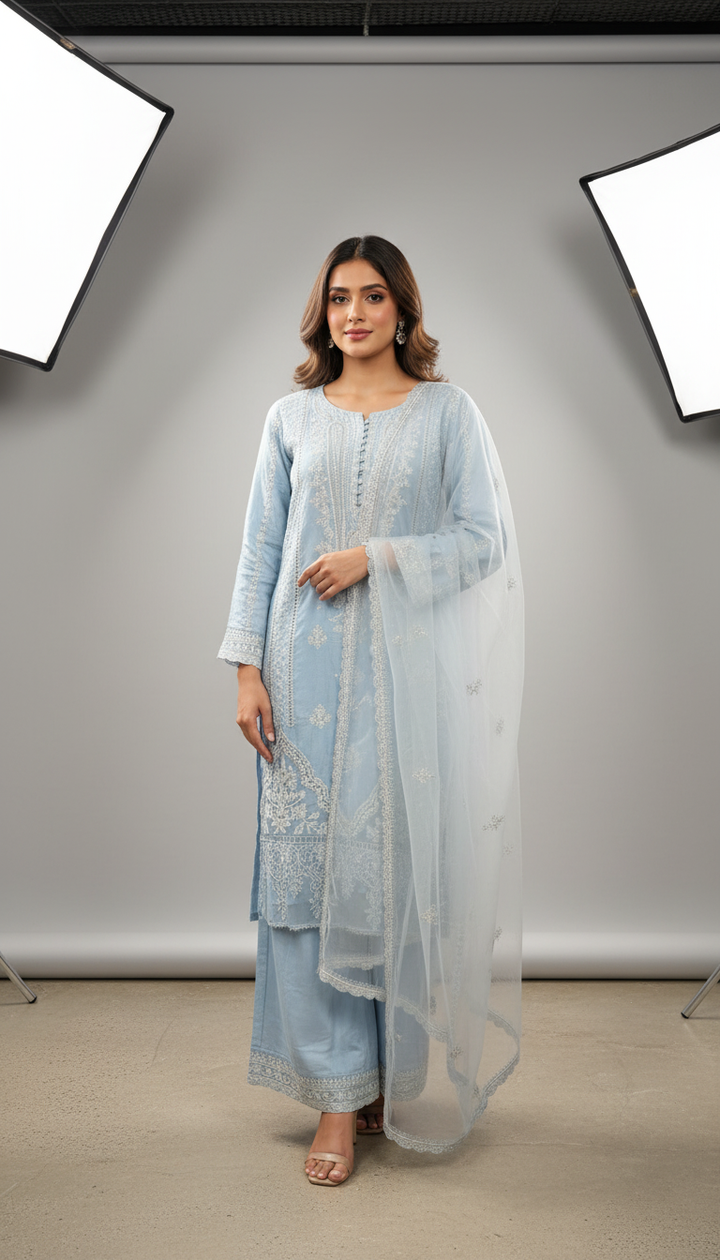 1151b - Light Blue Embroidered Linen 3 Piece suit