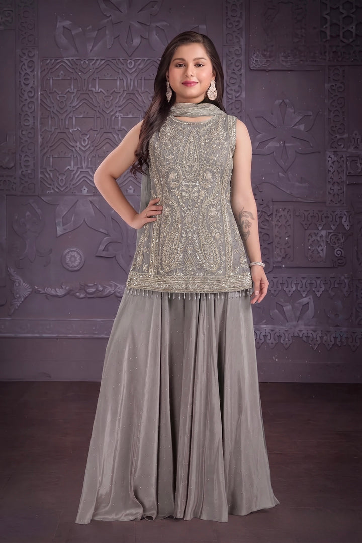 3113A - Girls’ Grey Embroidered Sharara Set with Dupatta