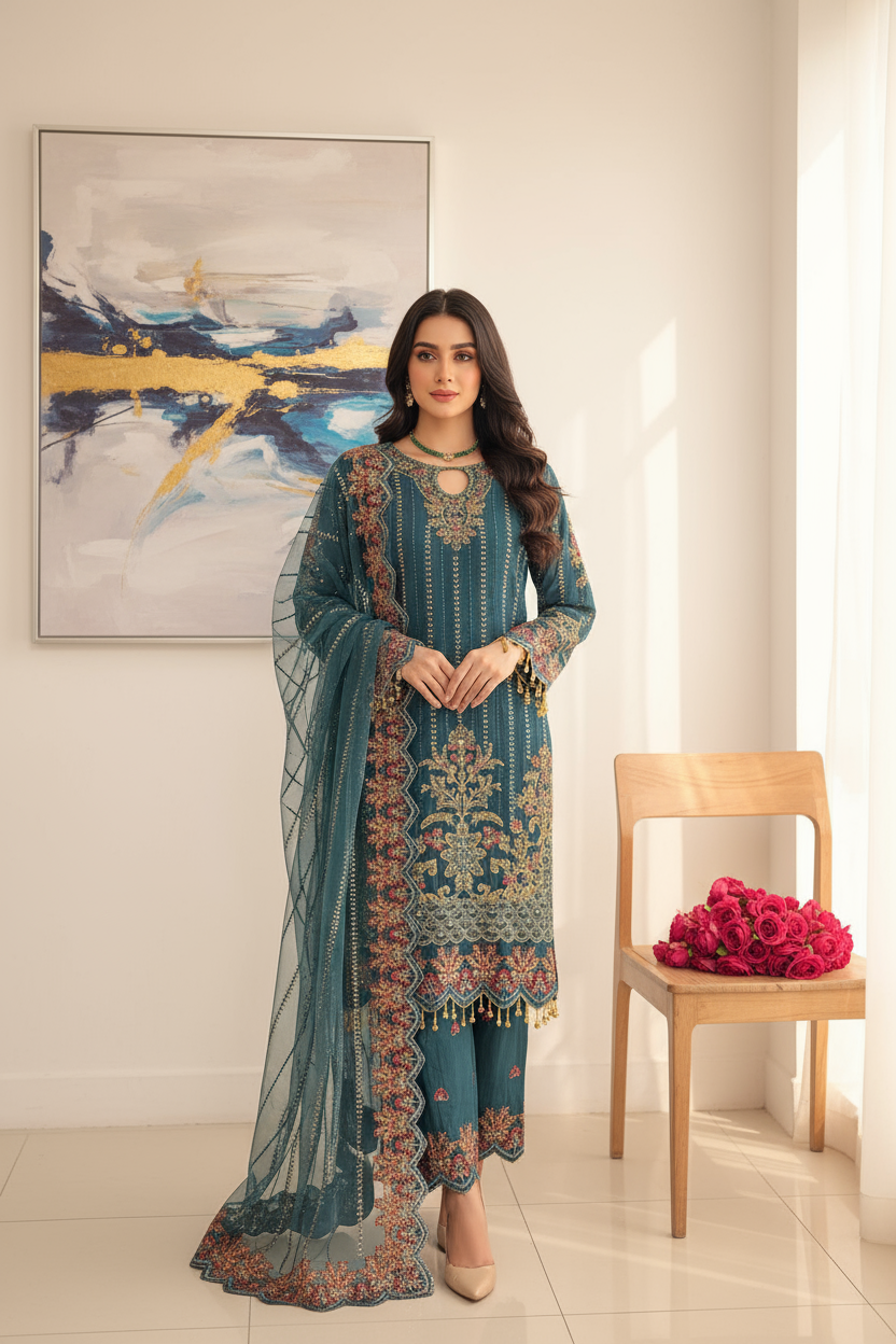 334A - TEAL CHIFFON EMBROIDERED SUIT