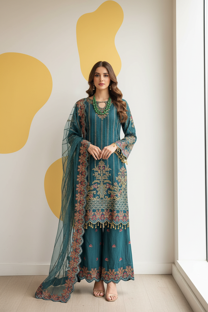 334A - TEAL CHIFFON EMBROIDERED SUIT