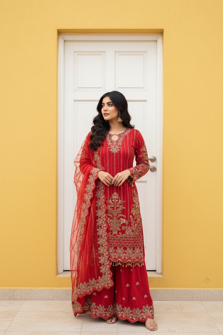 334B - RED CHIFFON EMBROIDERED SUIT